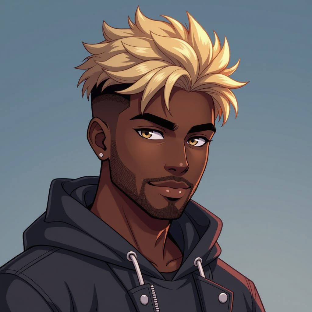 Heroic Male Anime Character with Dark Skin and Blonde Hair
