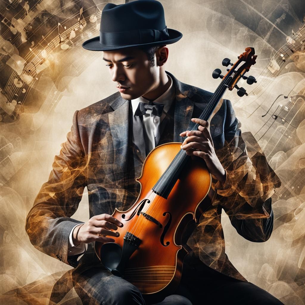 Hyperrealistic full  body double exposure, highly detailed very unique old musical instrument double exposure, music bac...