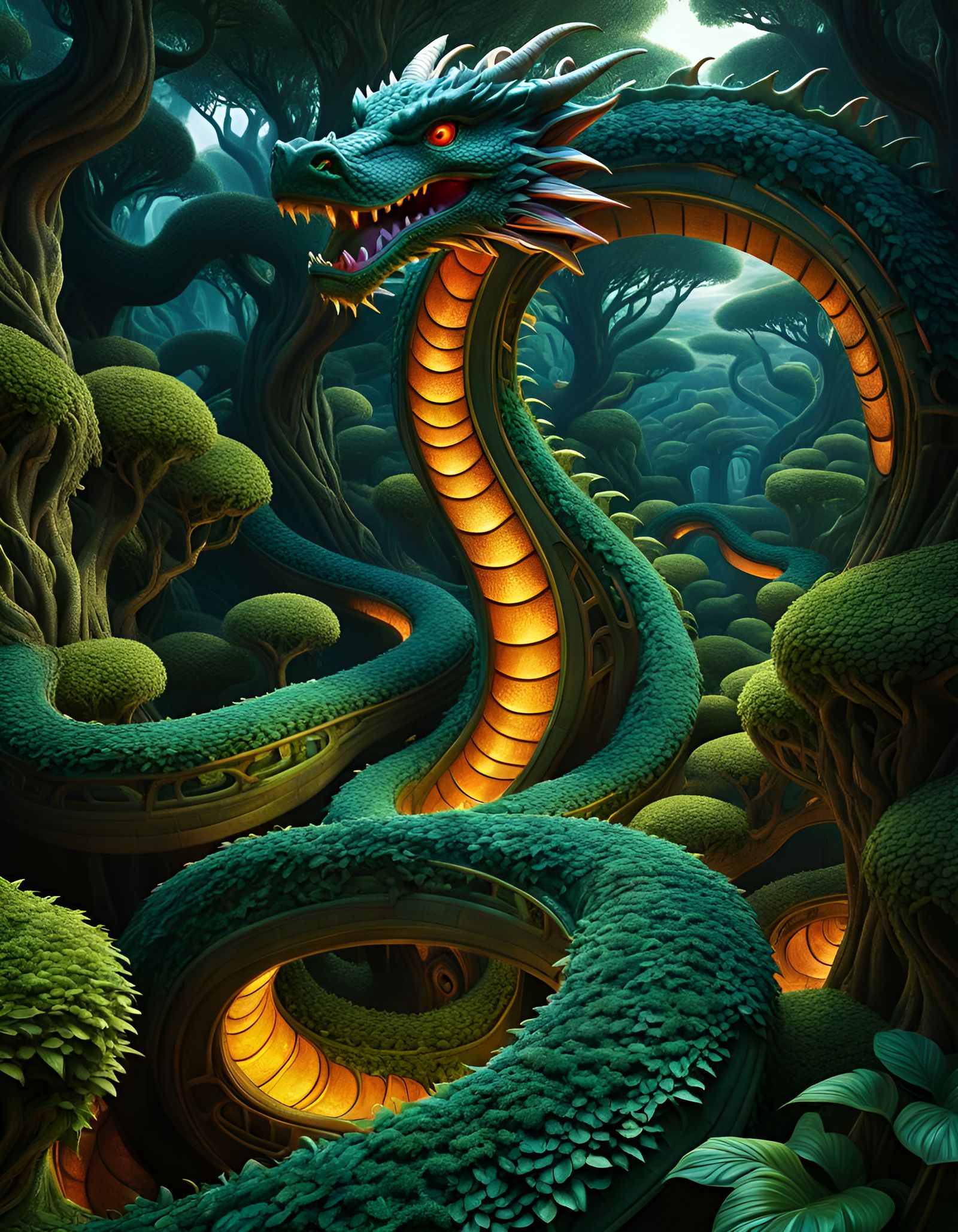 Draconic Hedge Labyrinth in Dark Fantasy Style