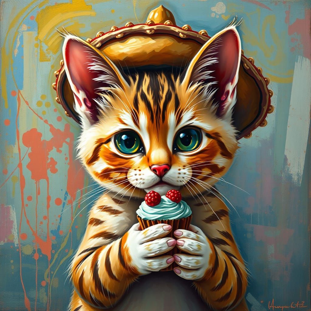 Psychedelic Cat in Sombrero: Encaustic Mixed-Media Portrait