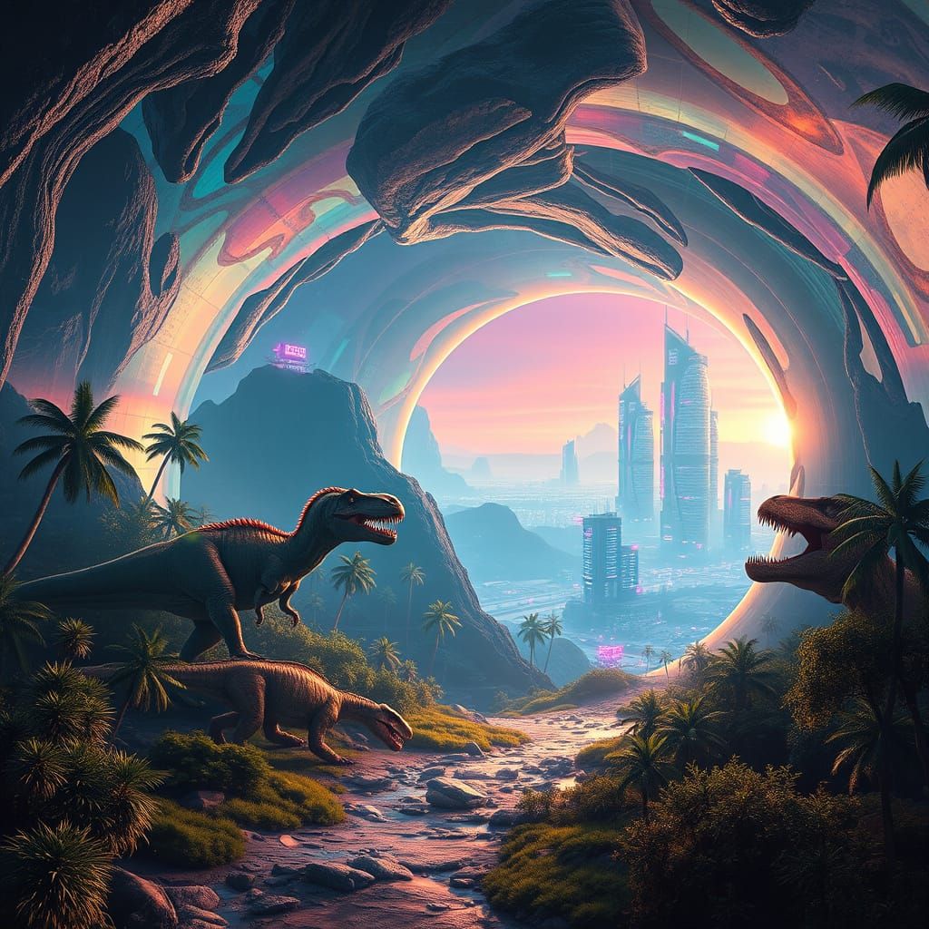 Jurassic Landscape Meets Cyberpunk Cityscape