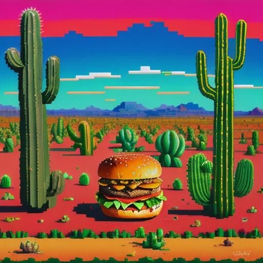 Psychedelic Burger in Desert: Pixel Art Surrealism