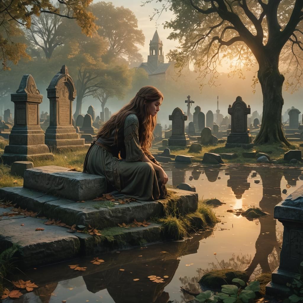 Girl by River Tombstone in Fantasy Art Style