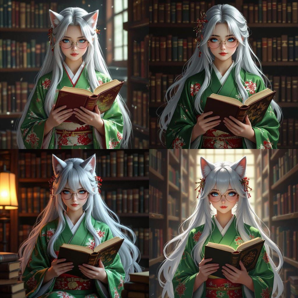 Kitsune Girl with Silver Hair and Atomic Physics Book