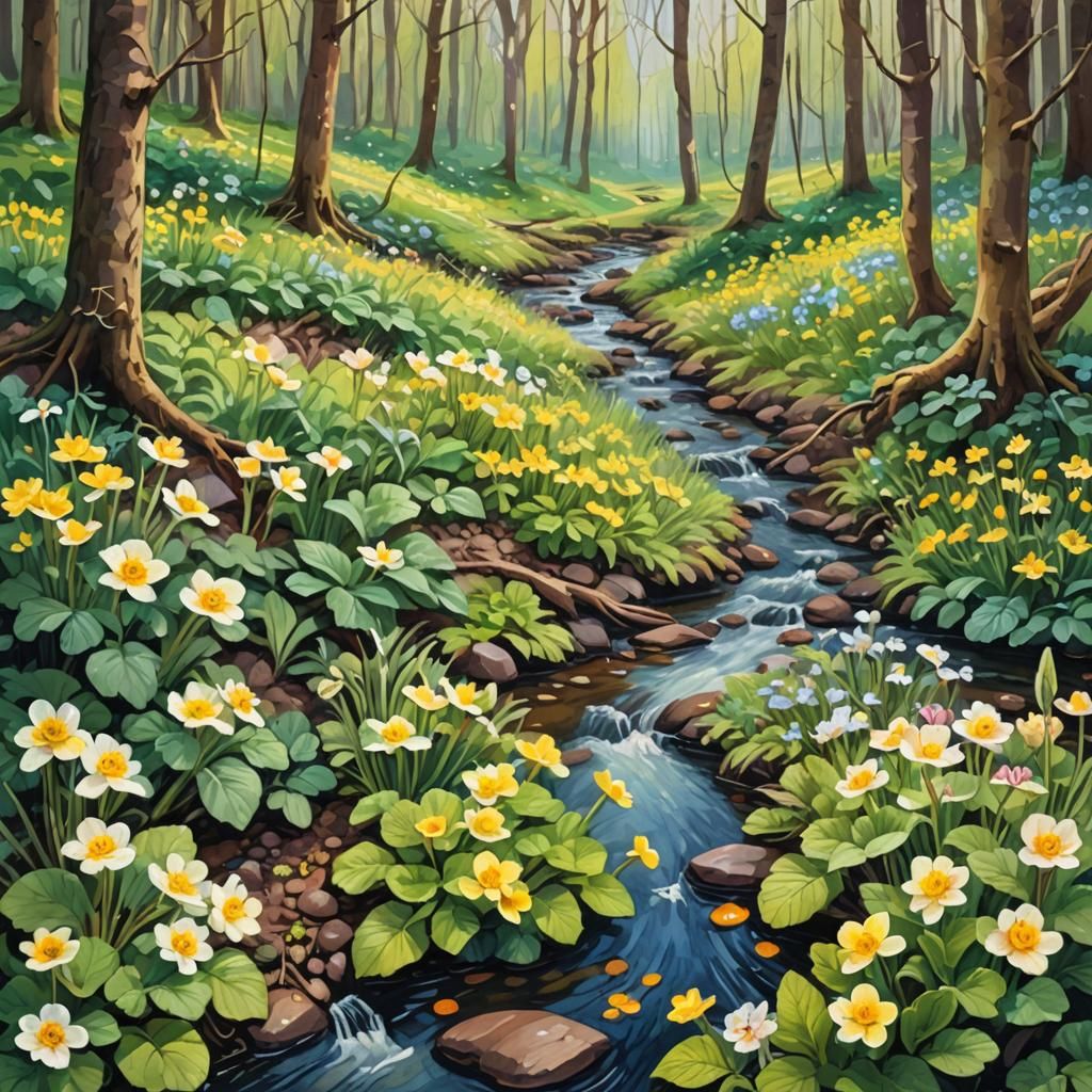 Spring Forest Stream in Gouache Watercolor Style