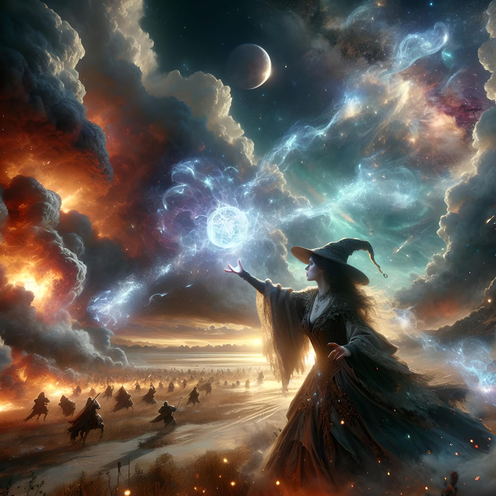 Sorceress Casting Fireball Spell on Battlefield