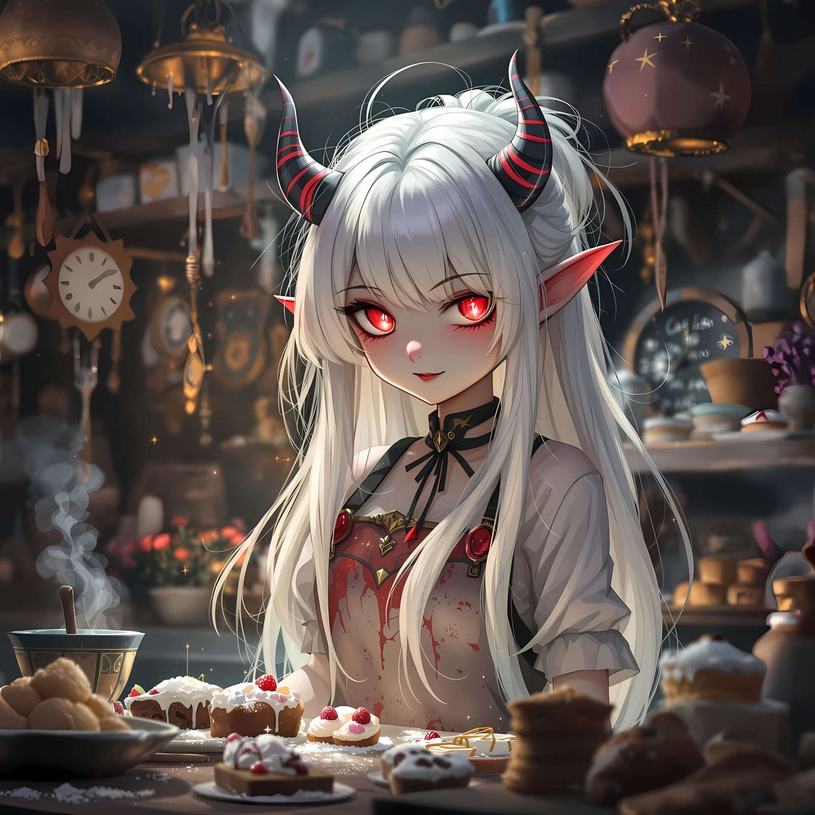Anime-Style Devil Pastel Chef in a Dark Magic Bakery