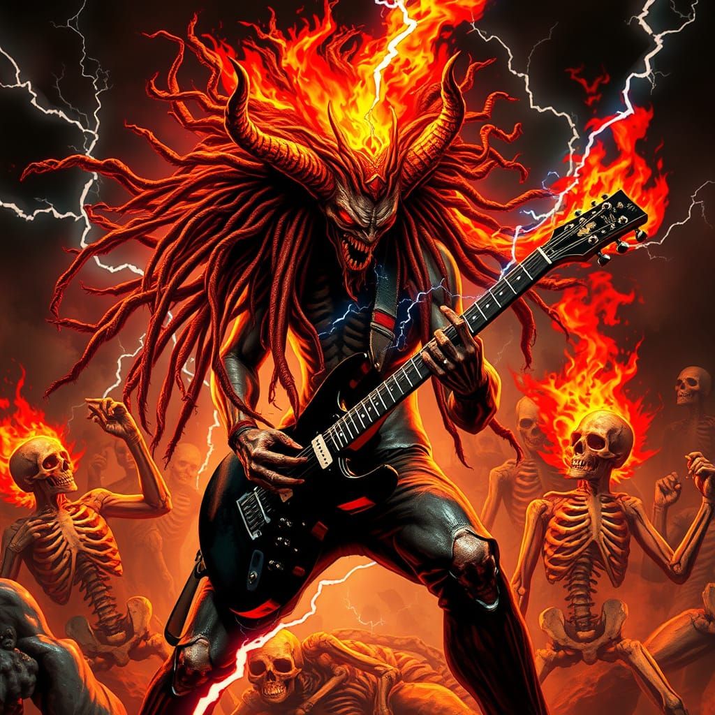 Demonic Guitarist with Fiery Dreadlocks