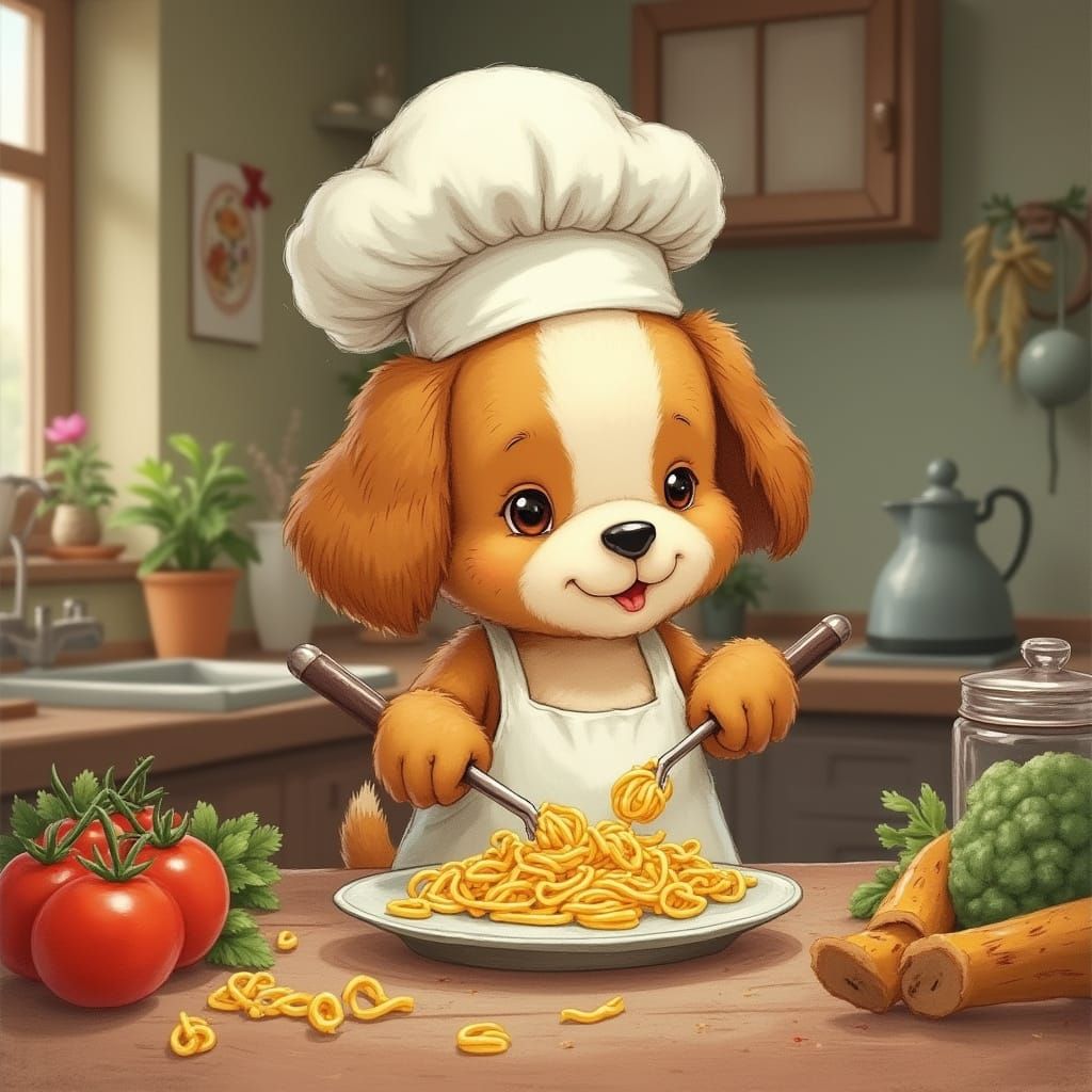 Puppy Chef Cooks Pasta: Playful Beatrix Potter Style