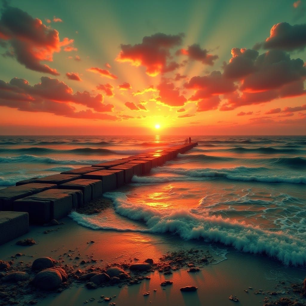 Ethereal Sunset Over Ancient Oceanic Landscape