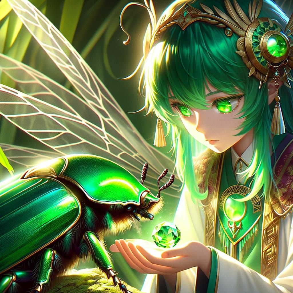 Anime Fairy Girl and Emerald Scarab Beetle