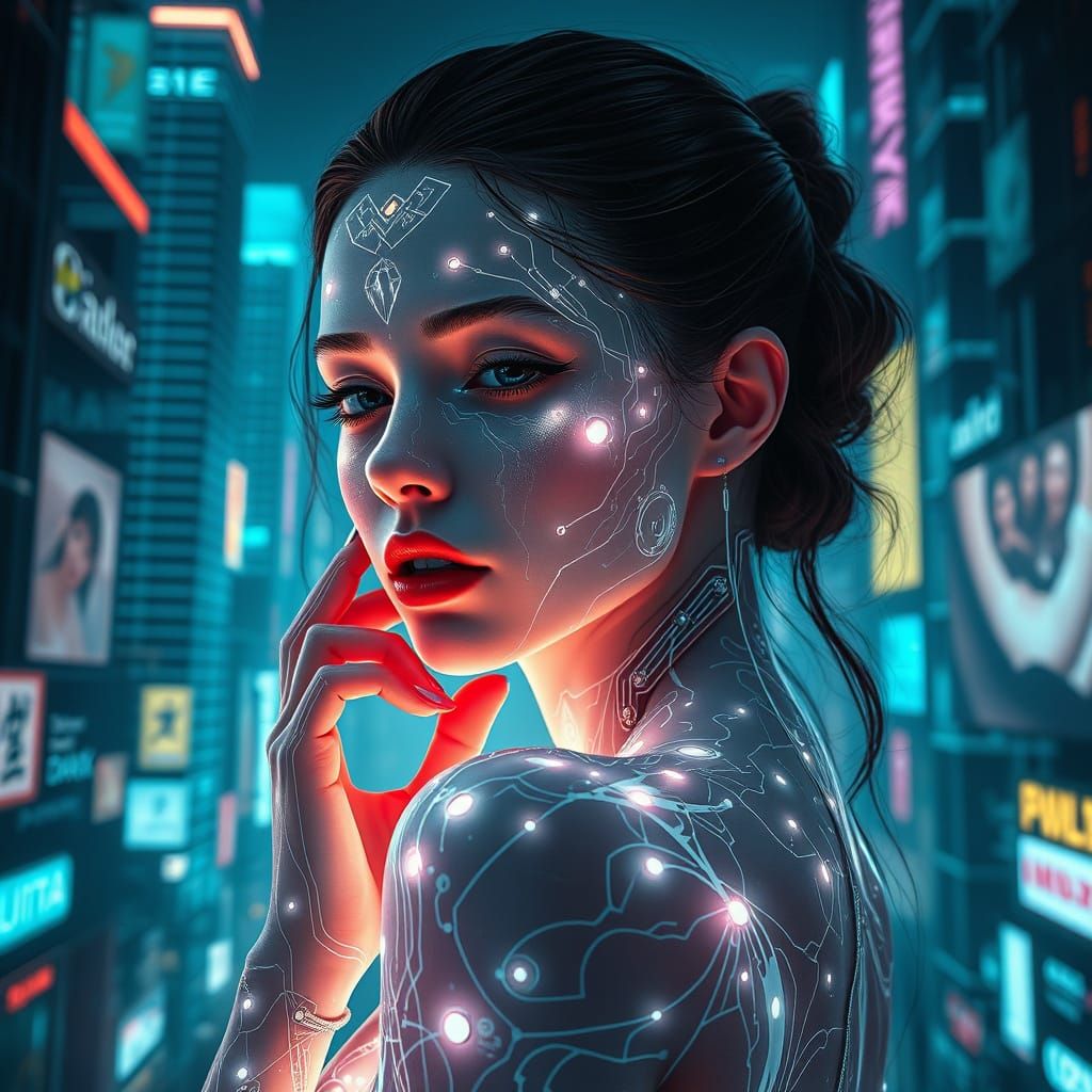 Glamorous Futuristic Woman in Neon Cityscape