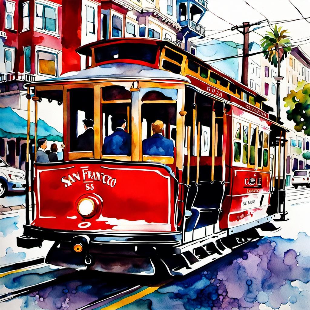 San Francisco Cable Car Watercolor Splash Art