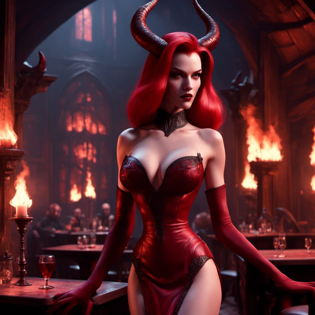 Sultry Tiefling in Hellish Tavern Cinematic Film Still