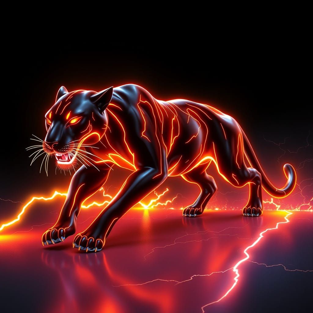 Luminous Black Panther with Neon Lightning Trails