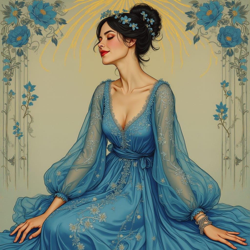 Elegant Woman in Blue Lace Dress, Art Nouveau Style