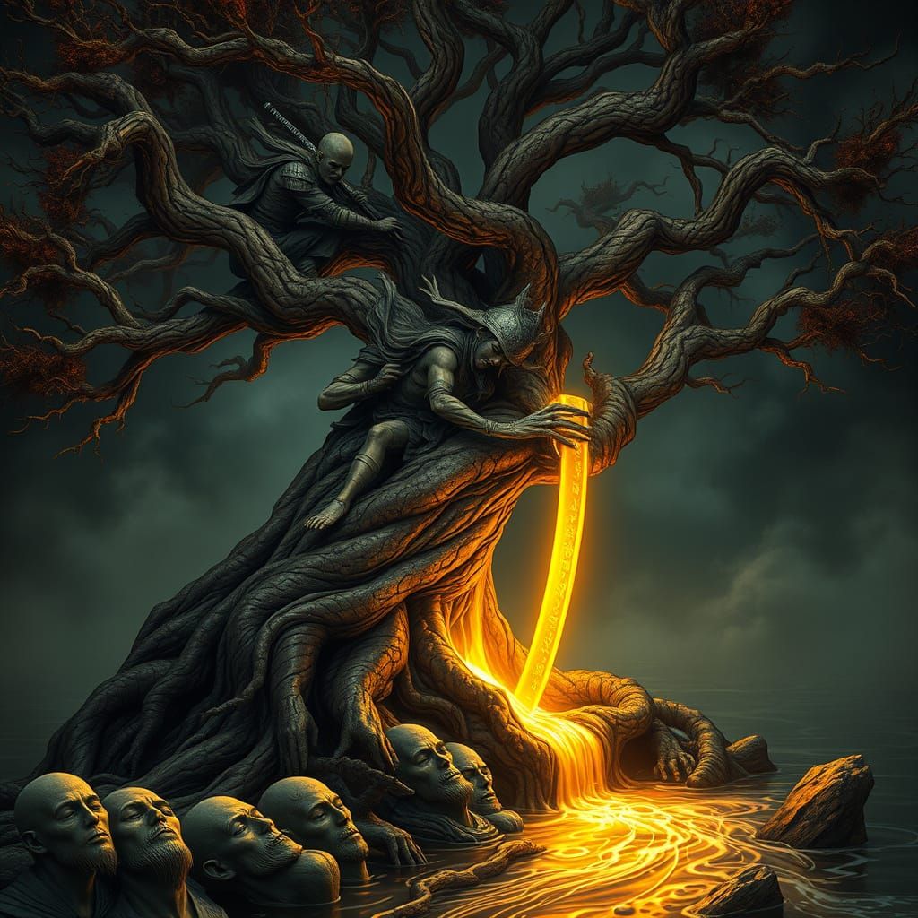 Ancient Bonsai Tree Radiates Golden Light in Baroque-Inspire...
