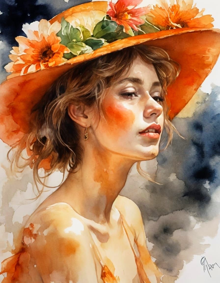 Expressive Watercolor Portrait in Art Nouveau Style