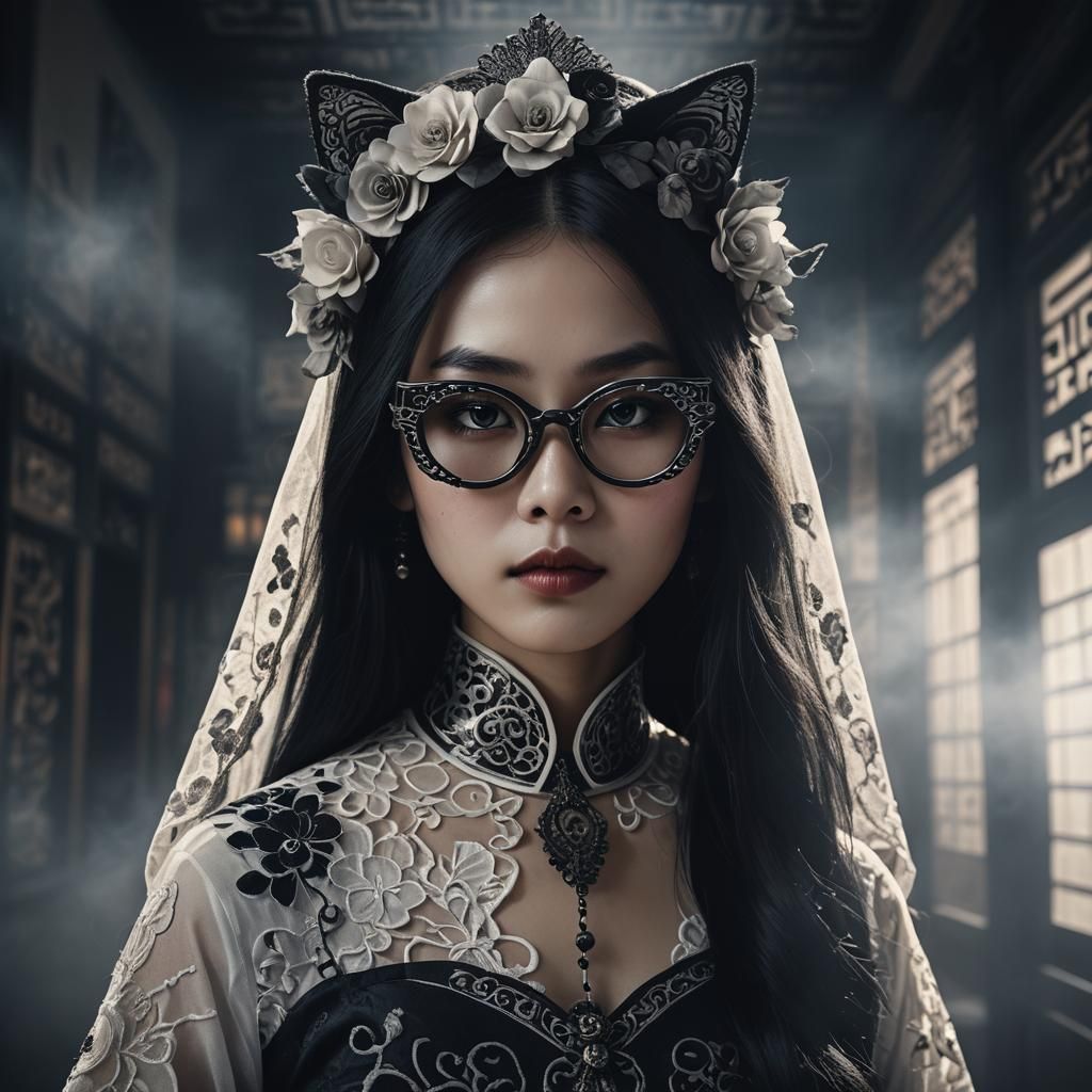 Chinese Woman in Catrina Disguise, Film Noir Style