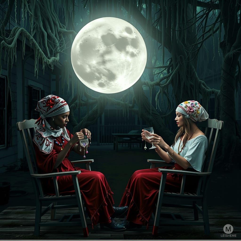 Mystical Voodoo Sisters Under Full Moon