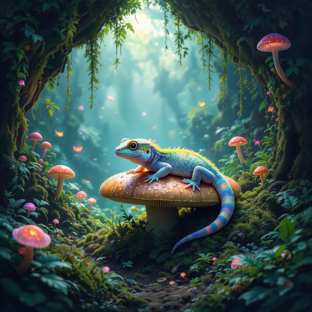 Bioluminescent Gecko in Jungle Grotto: Dark Fantasy Concept ...