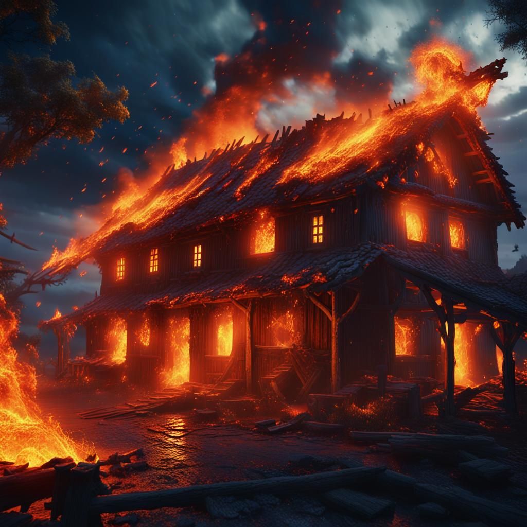 Village House Ablaze: A High-Fantasy Matte Painting