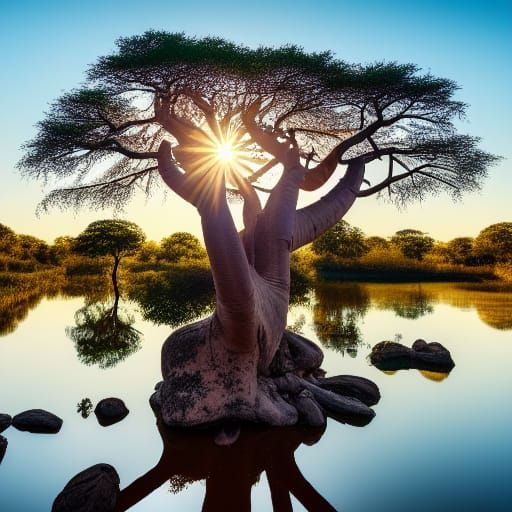 Lush Baobab Forest Reflecting on River, 8K