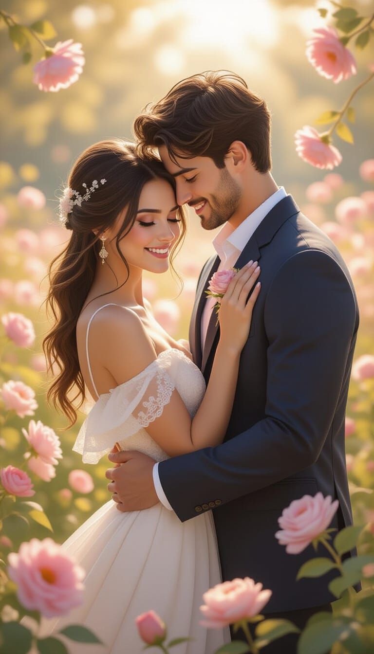 Romantic Couple Embracing in a Flower Garden