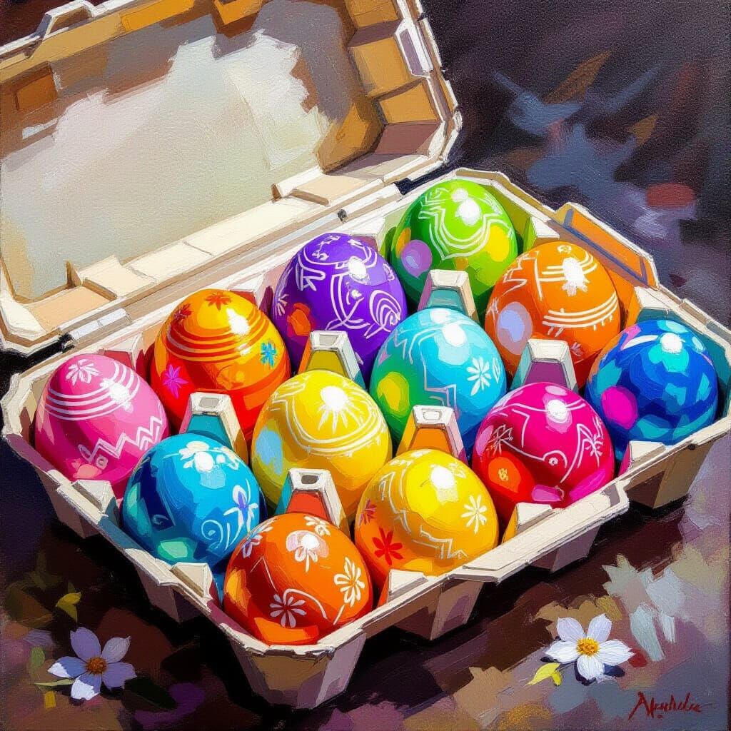 Vibrant Easter Eggs in Carton: Fantasy Oil Painting