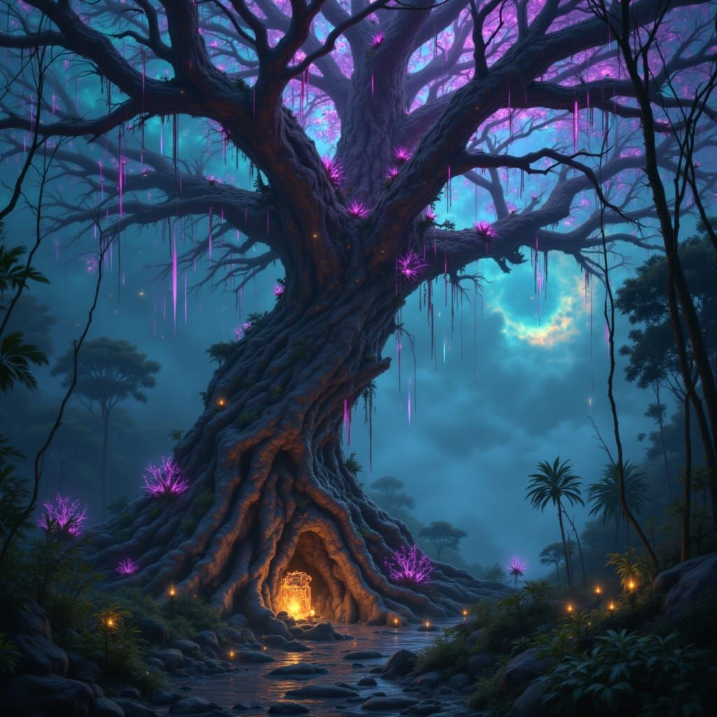 Ancient Bioluminescent Tree in Alien Jungle