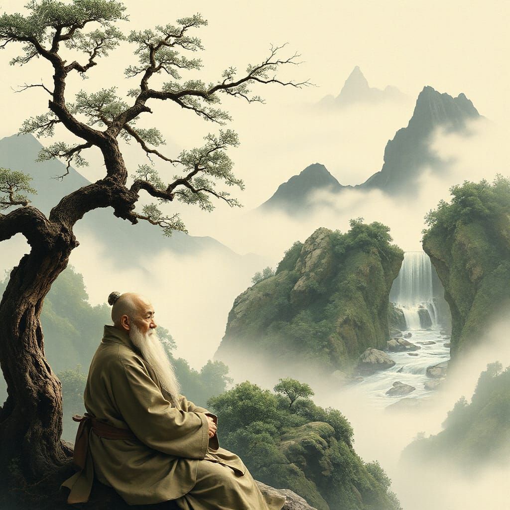 Ethereal Chinese Landscape with Contemplative Sage