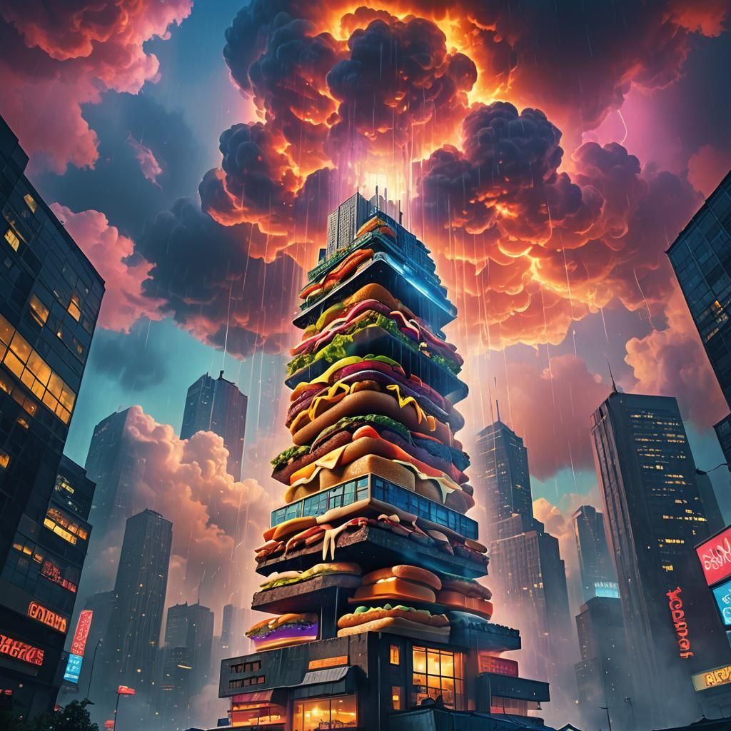 Hamburger Skyscraper in Surrealist Cityscape Digital Art