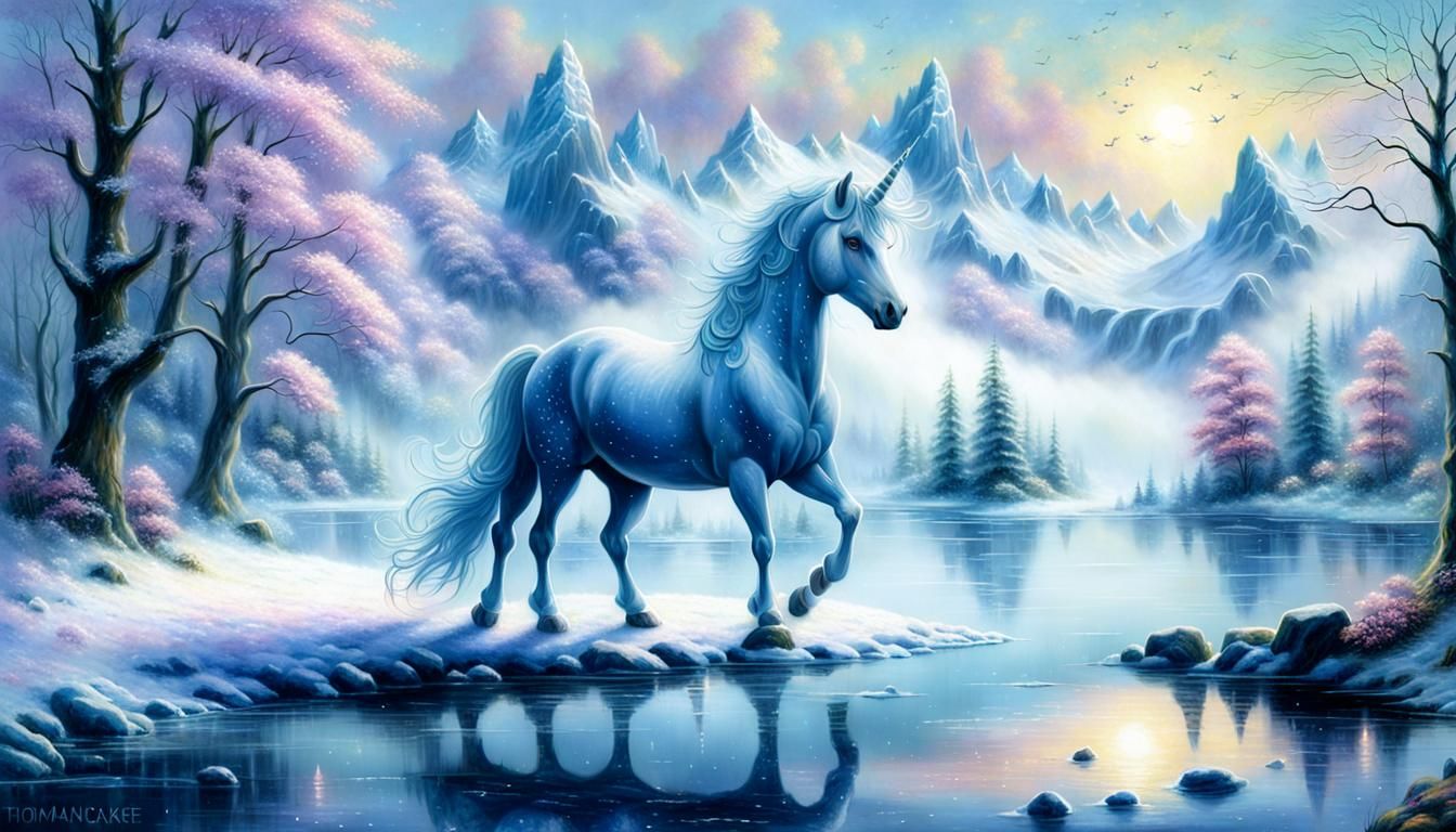Ice Unicorn by Lake in Ethereal Luminism Style