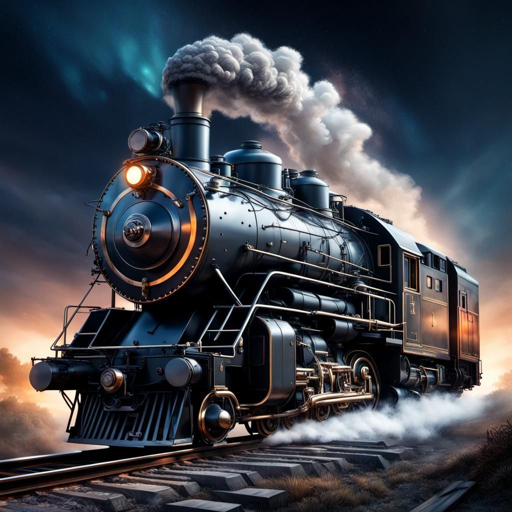 Hyperrealistic Locomotive at Night: Splash Art Concept