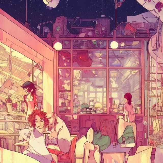 Vibrant Cyber Lo-Fi Night Cafe Comic Book Art