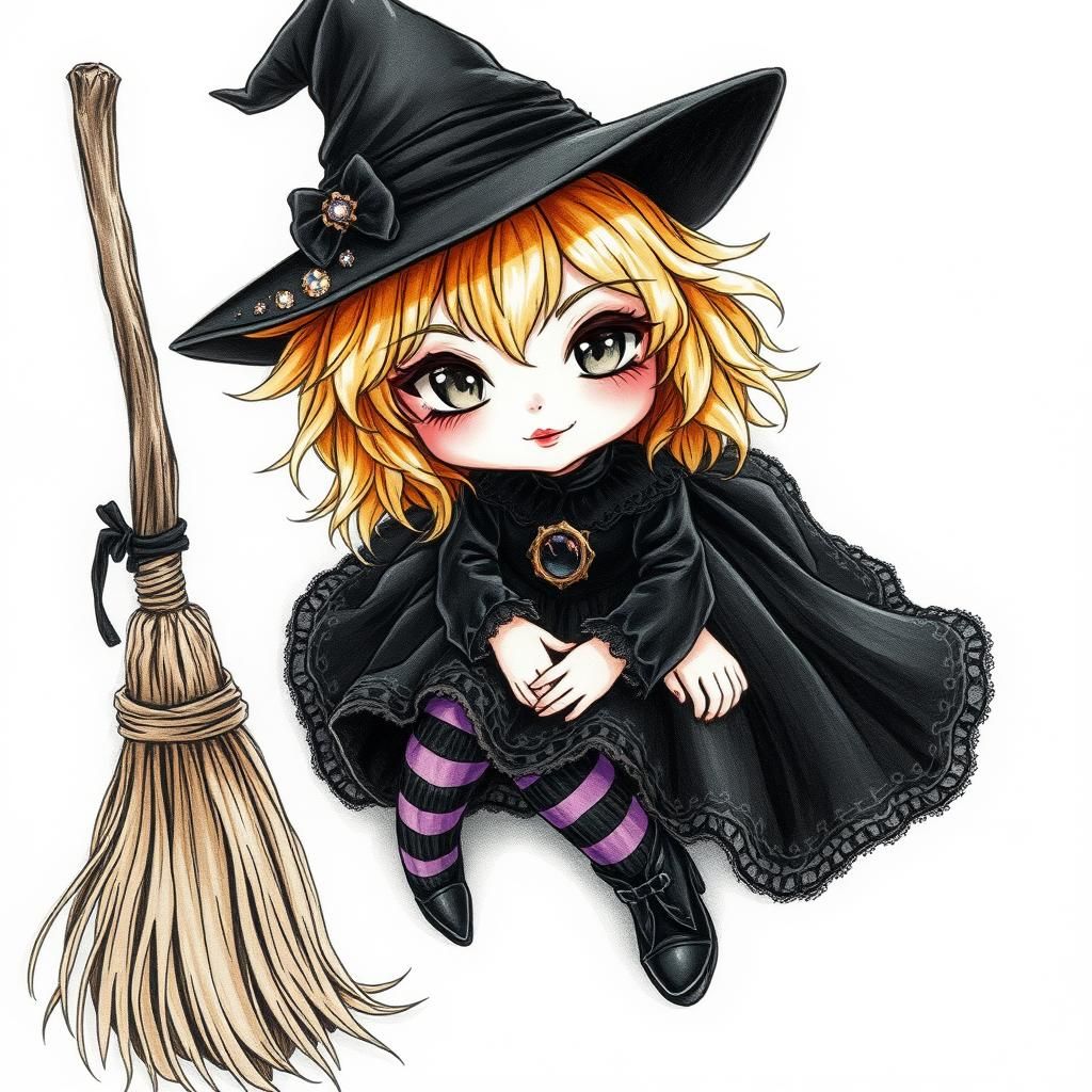 Bird’s Eye view of a cute flamboyant witch chibi with tousle...