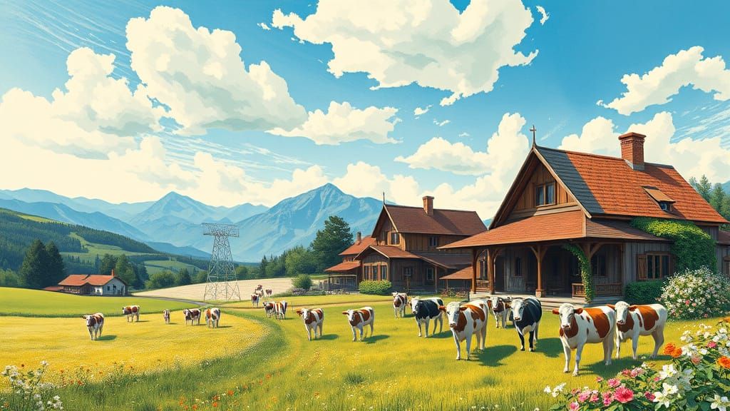 Idyllic Dairy Farm Landscape in Vibrant Post-Impressionist S...