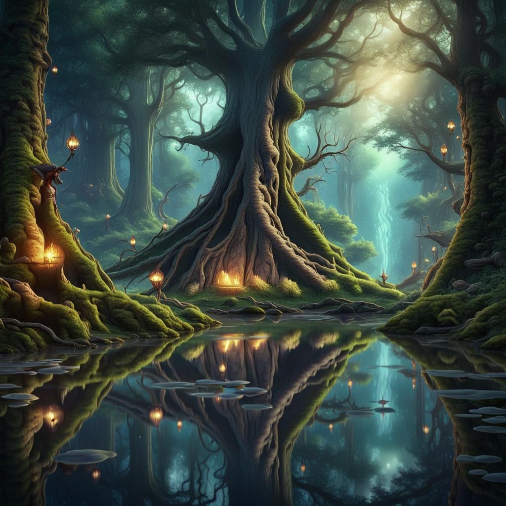 Mystical Ancient Forest Reflected in Water