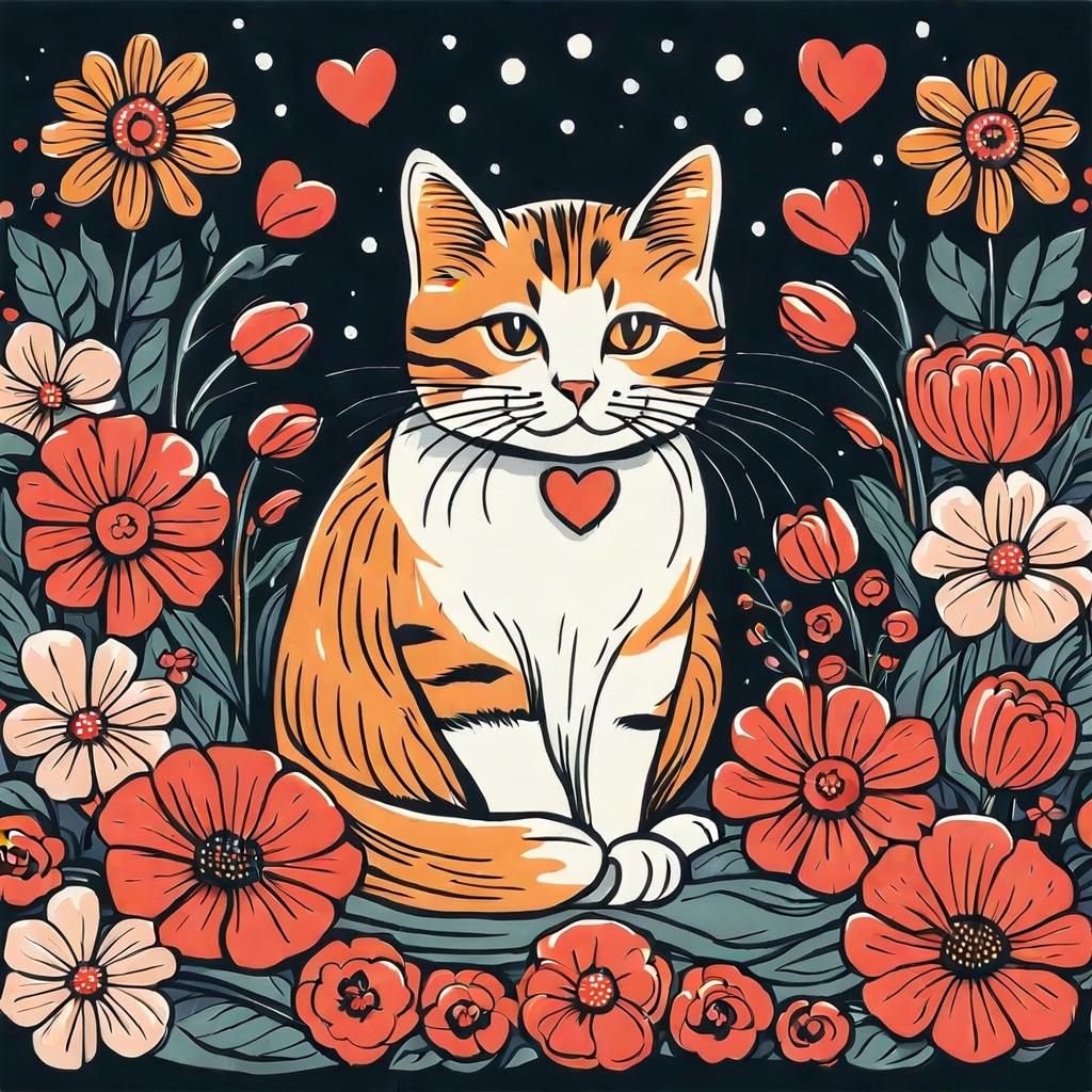 Cute Cat on Pillow Surrounded by Flowers Cartoon