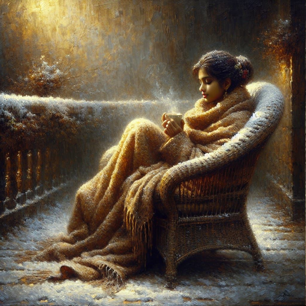 South Asian Woman Sips Coffee on Snowy Terrace in Dreamy Oil...