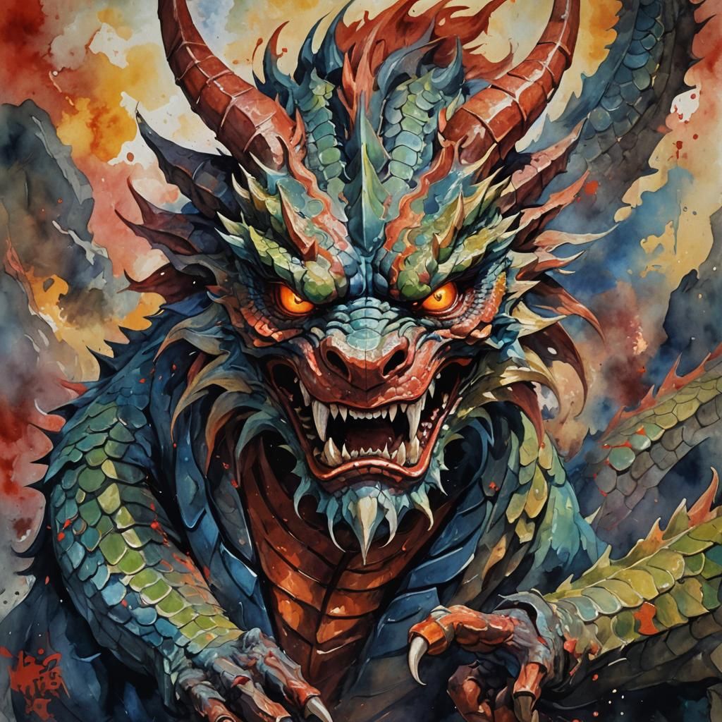 Dragon Oni in Gouache Style Impressionist Painting