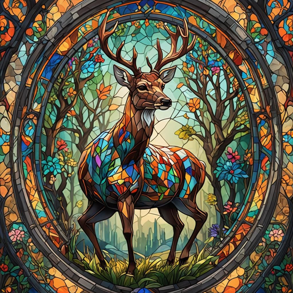 Stained Glass Deer: Vibrant Fantasy Concept Art