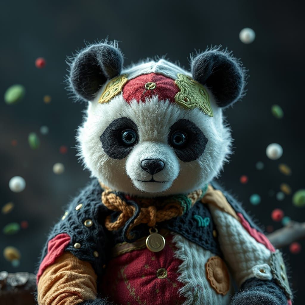 Stuffed Panda in Vibrant, Fantastical Textile Art