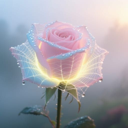 Bioluminescent Spider Silk Rose in Dawn Light