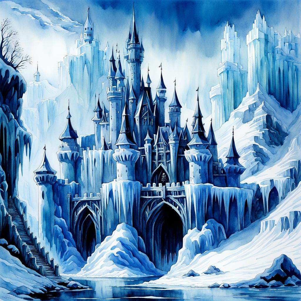Watercolor Ice Castle in Anime Style