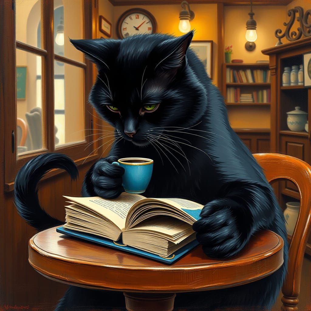 Whiskered Cat in Cozy Café Scene