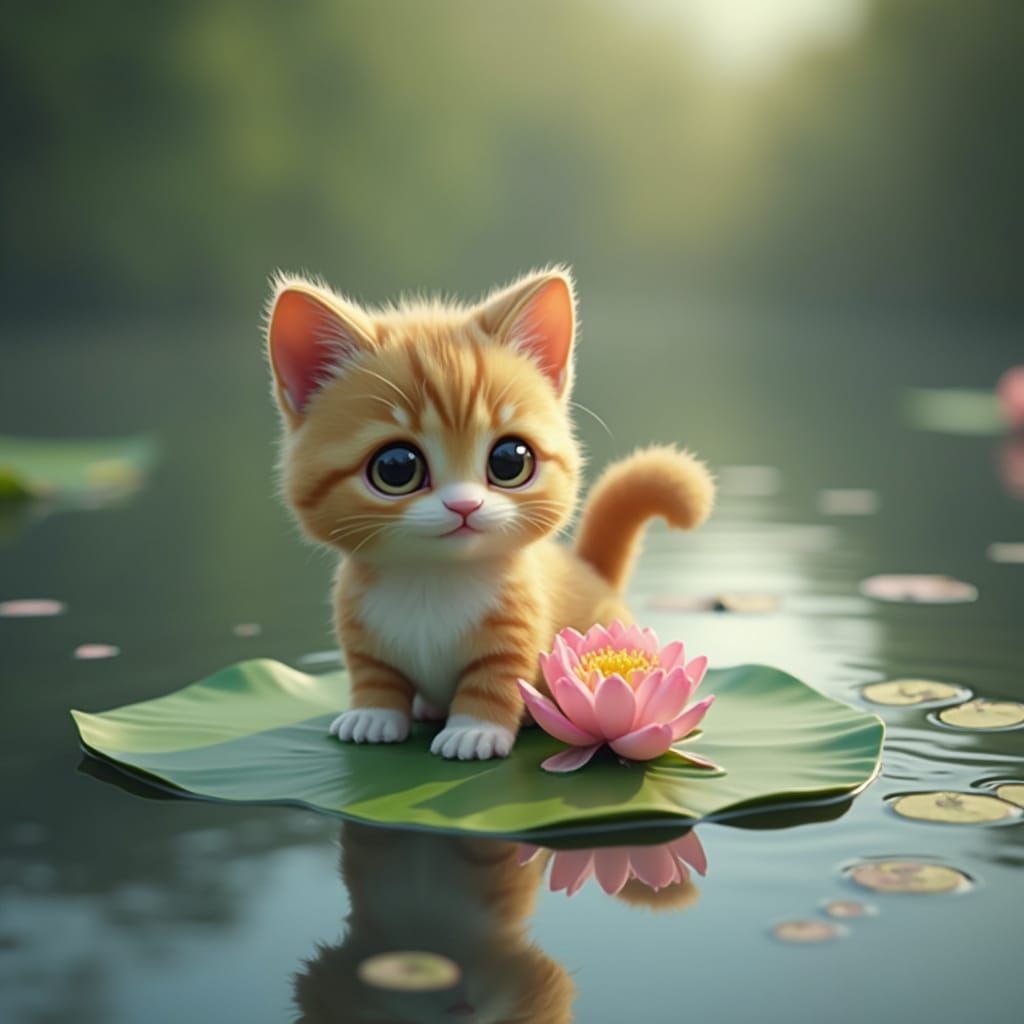 Cute Kitten Surrounded by Serene Pond Waters in Realistic Wh...