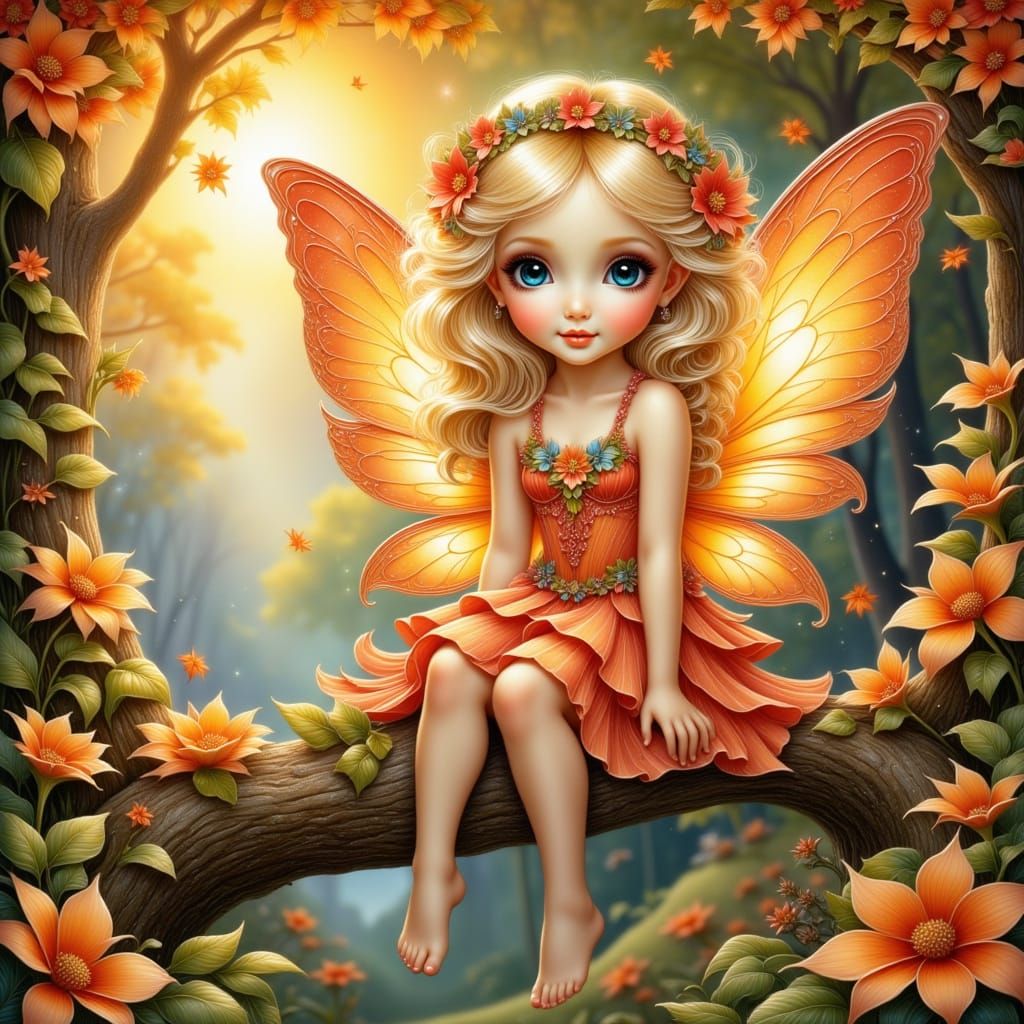 Cute Autumn Fairy with Curly Blonde Hair and Red-Orange Wing...