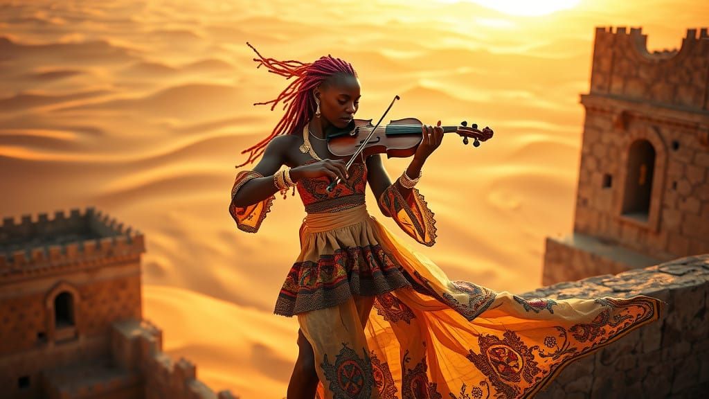 African Albino Violinist Dances Under Desert Sunset