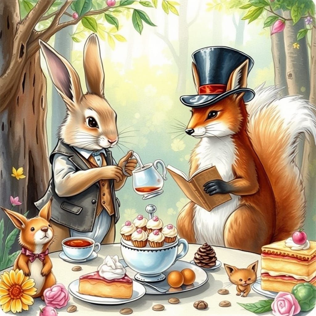 Whimsical Forest Tea Party in Watercolor Style